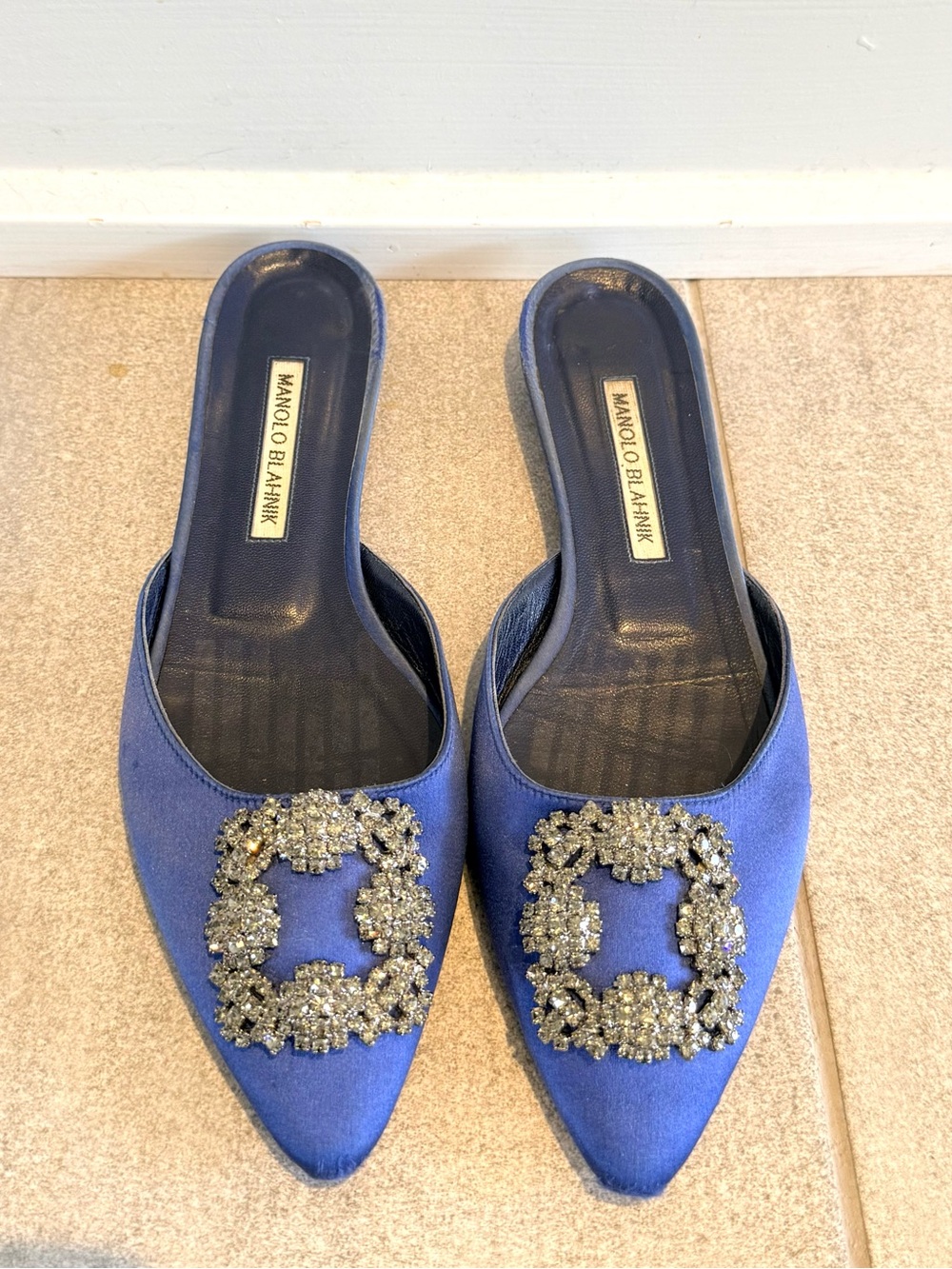Manolo Blahnik Royal Blue Crystal Square-Buckle Satin Mules